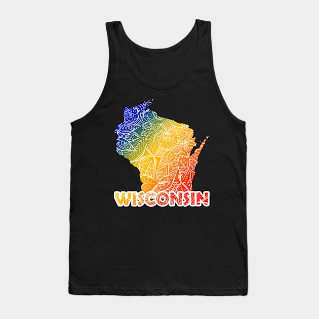 Colorful mandala art map of Wisconsin with text in blue, yellow, and red Tank Top by Happy Citizen